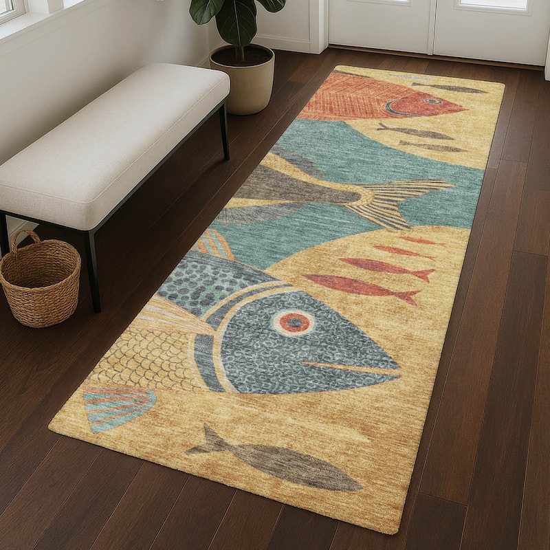 Machine Washable Indoor/ Outdoor Modern Fish Chantille Rug