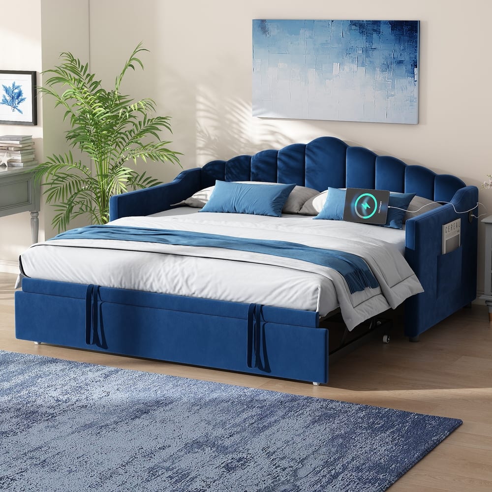 Twin Size Daybed Wingback Upholstered Bed with Pop Up Trundle and USB & Type-C Charging Port, 2 Pockets, Velvet Daybed Frame