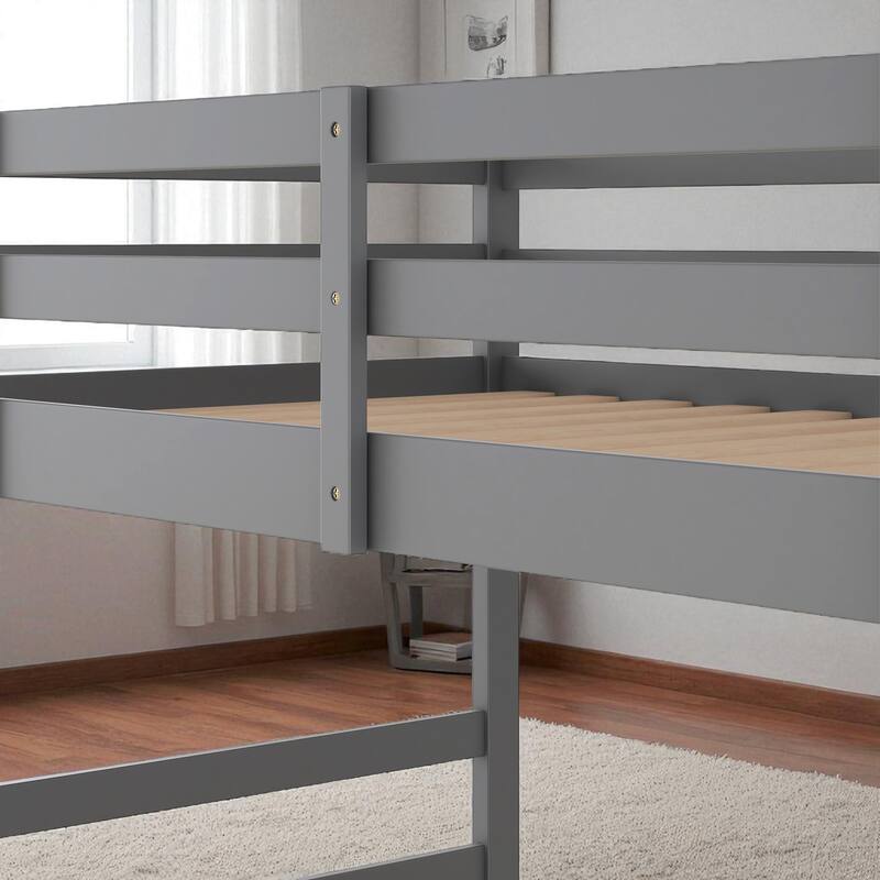 Twin Over Twin Wooden Bunk Bed with Ladder, Guardrails, Solid Pine Frame, No Box Spring Needed