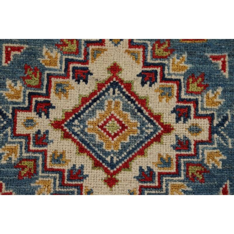 Hand Knotted Oriental 100% Wool Carpet Traditional Geometric Navy Blue & Blues Kazak Area Rug - 3' 0'' X 2' 0''