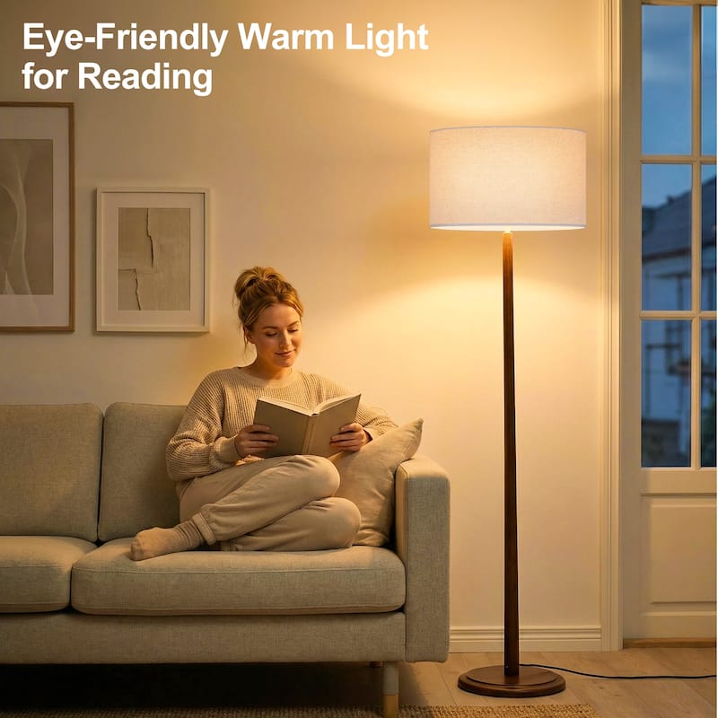 61" Walnut Wood Floor Lamp with Linen Drum Shade, Standing Lamp with Foot Step ON/OFF Switch (Bulb Not Included)
