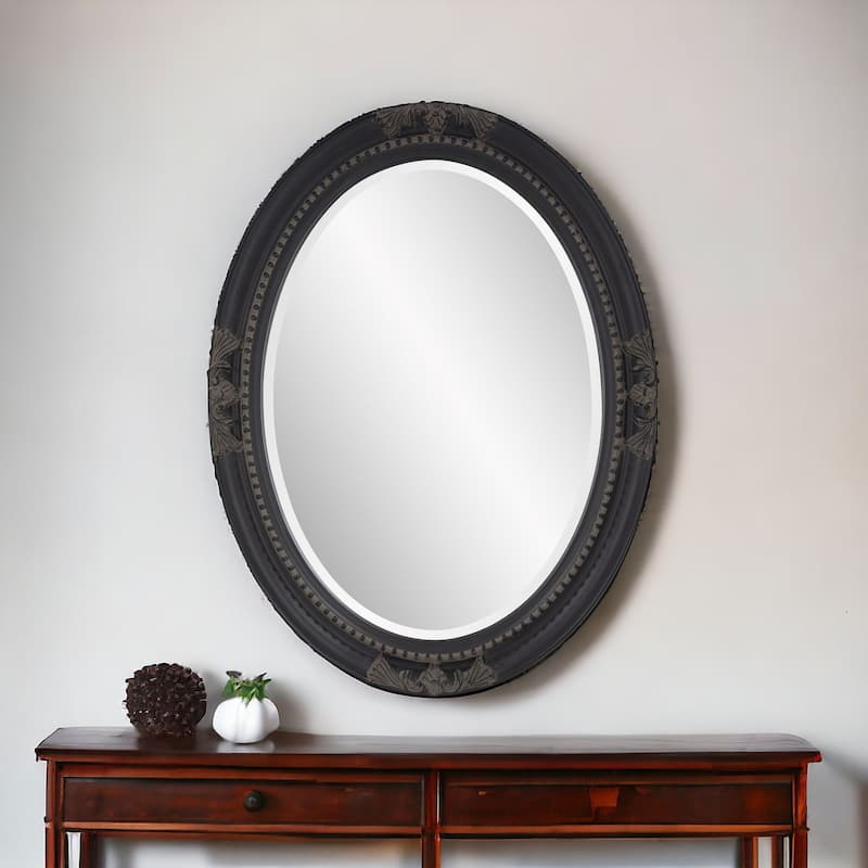 HomeRoots 33" Black Ornate Oval Wood Framed Accent Mirror - 33" H x 25" W