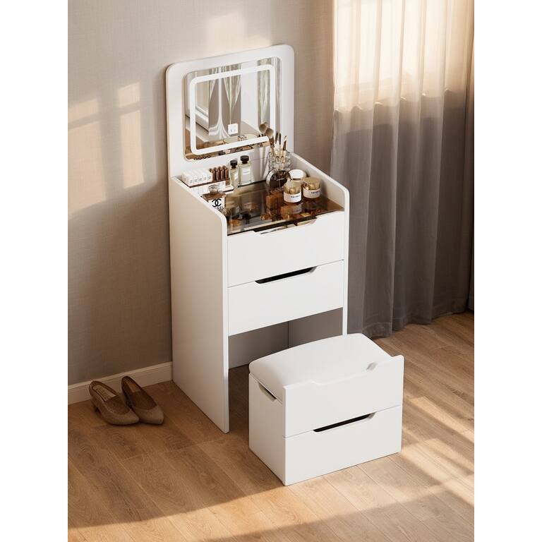3 in 1 Vanity Desk with Plip Top Mirror,Small Make Up Vanity Set with Visible Glass Desktop, Compact Dressing Table