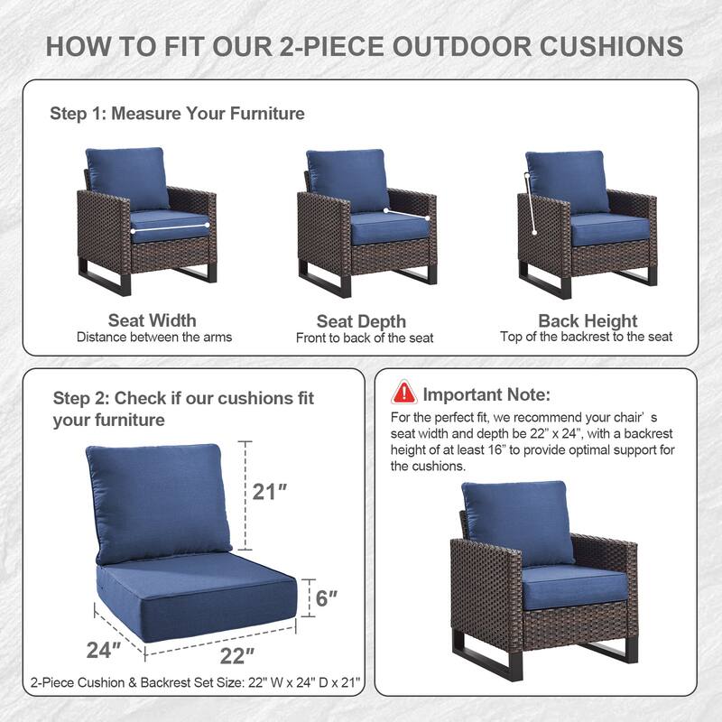 Gymojoy 24"x22"x6" Patio Thick Cushions & Pillows Set - Deep Seat Indoor/Outdoor Water & Fade Resistant