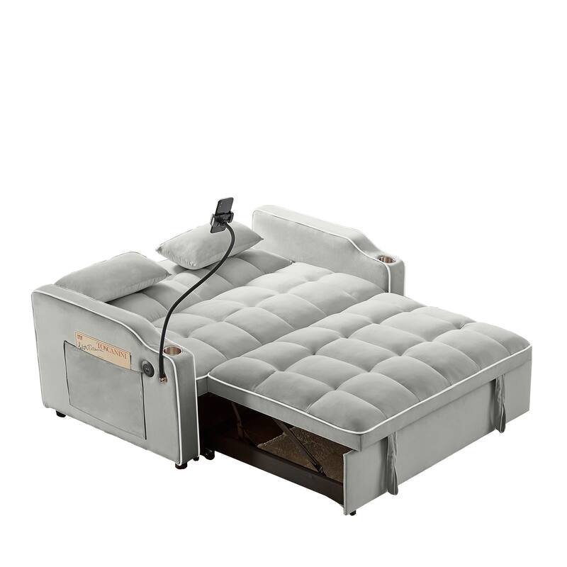Convertible Sofa Bed with Adjustable Back, USB Charger, and Pillows for Living Room or Office