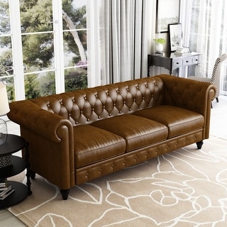 88" PU Rolled Arm Chesterfield Sofa with Button Tufting & Nailhead ...