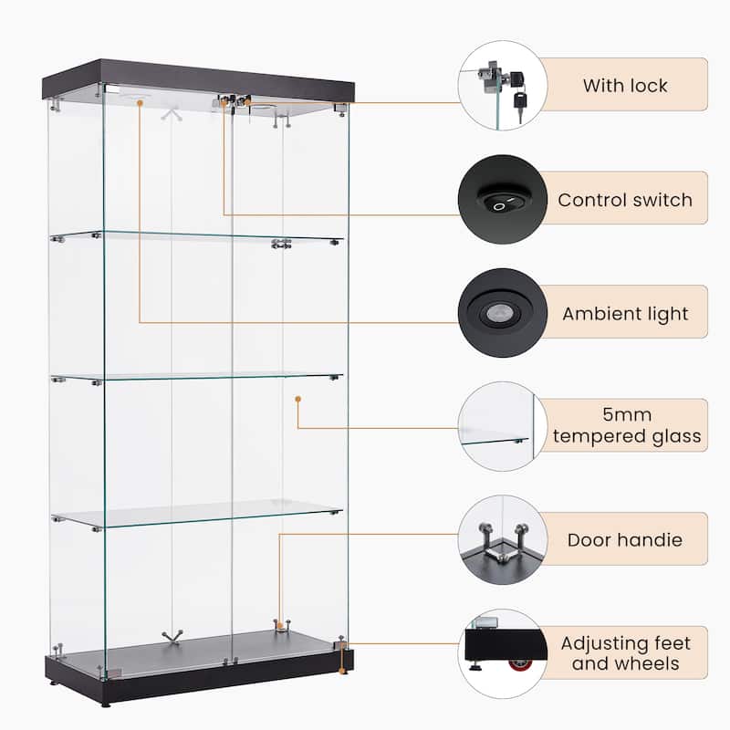 4-Tier Double Door Glass Display Cabinet with Locks and LED Lights, Tempered Glass Showcase for Collectibles and Storage