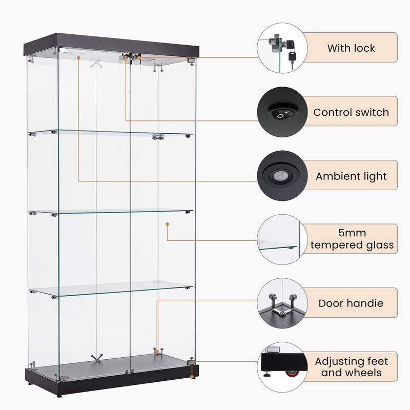 4-Tier Double Glass Door Display Bookshelf with Two Locks and 2 Lamp