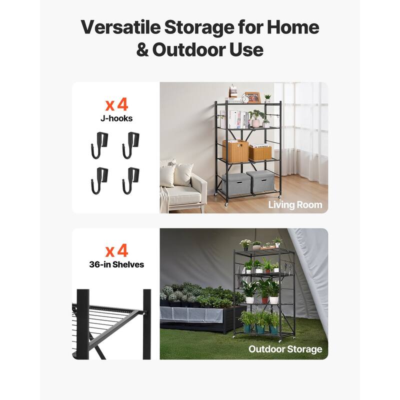 Black Carbon Steel Folding Garage Shelf with 5 Swivel Wheels - 21 x 36 x 60 in