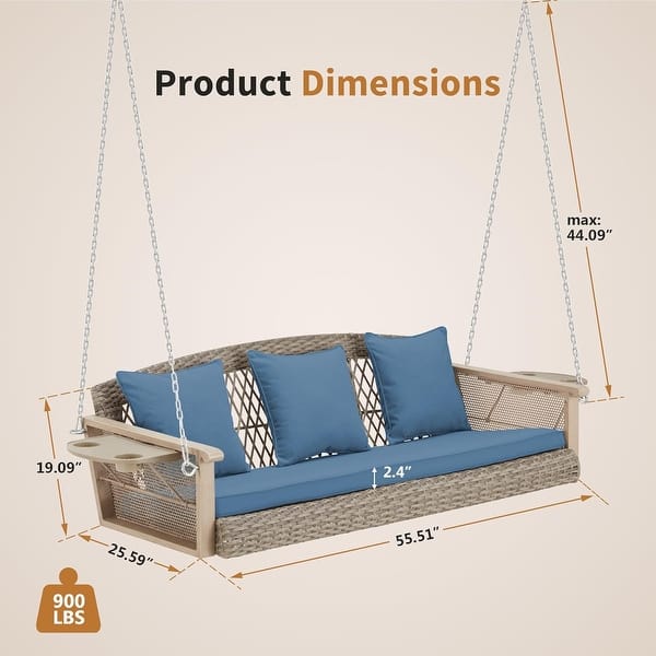 Hanging Bench Seat Porch Swing, Wicker Patio Swing With Cup