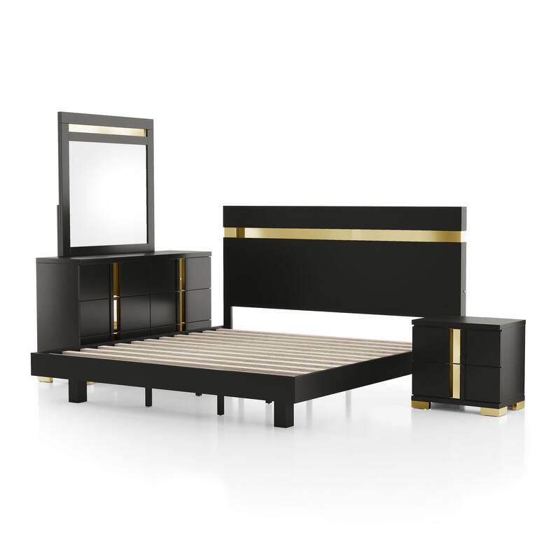 Furniture of America Halifax Modern 4-Piece Wood Black Platform Bedroom Set with Underbed LED