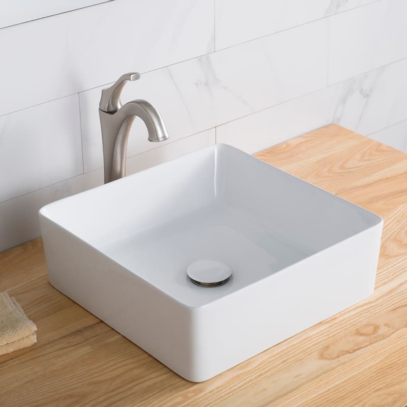KRAUS 15 5/8 inch Viva Square White Ceramic Vessel Bathroom Sink