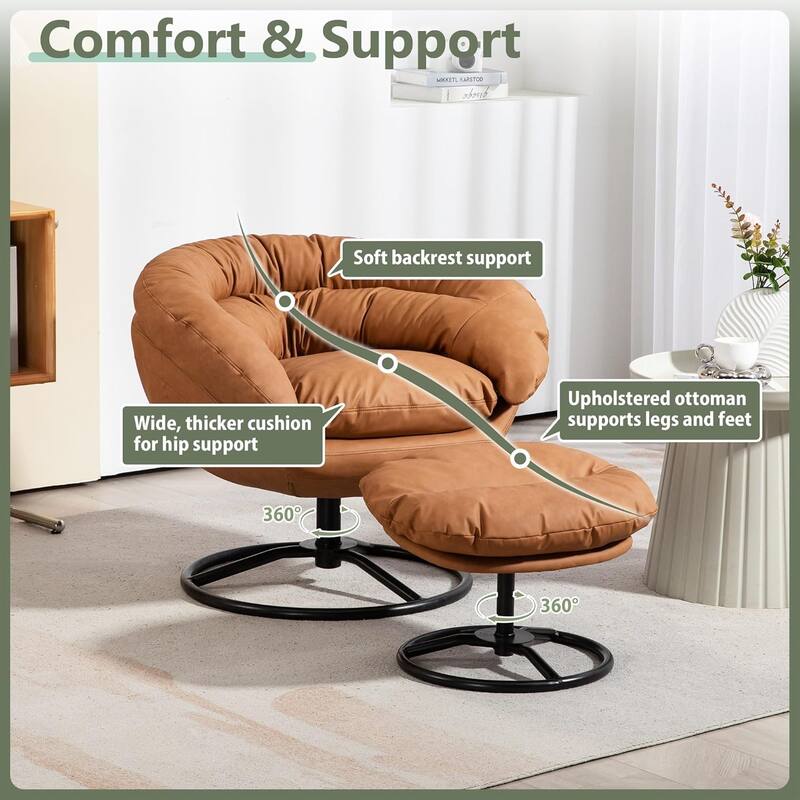 XINMICS Swivel Accent Chair with Ottoman Set, Modern Reading Chair Upholstered Armchair with Footrest