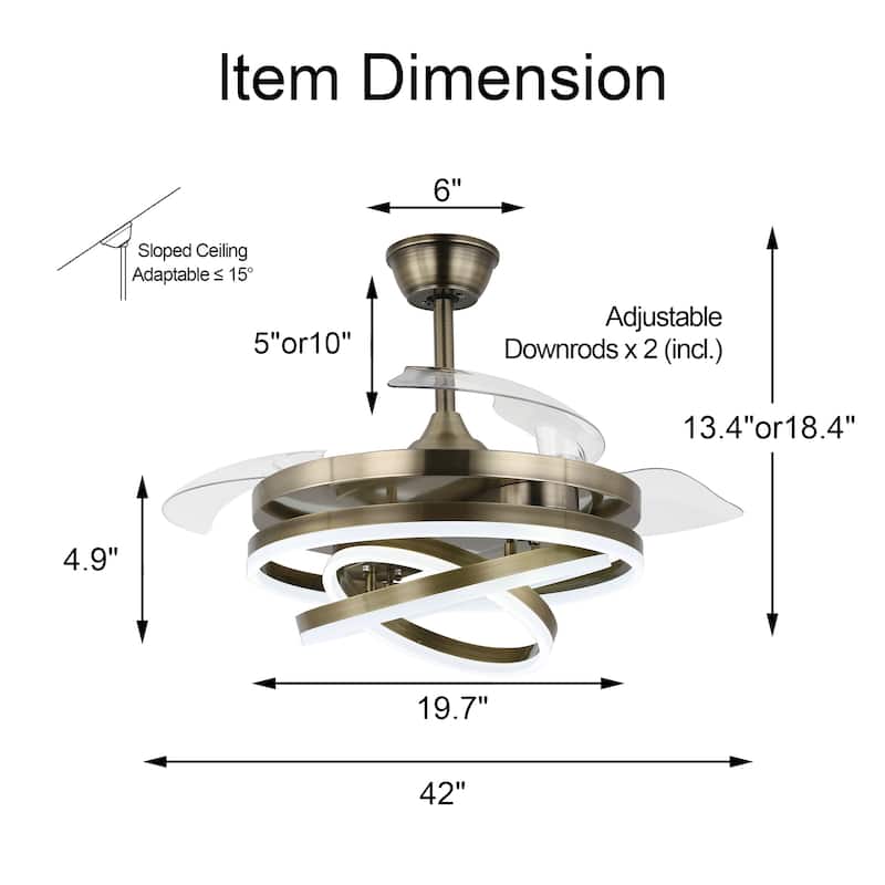 Bella Depot 42" Modern Bronze Retractable Ceiling Fan with Dimmable Light and Remote APP Control - 42In