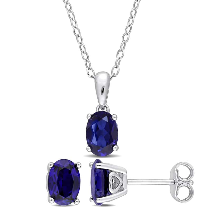 Miadora 3 4/5ct TGW Oval Created Blue Sapphire Solitaire Necklace & Stud Earrings Set Sterling Silver