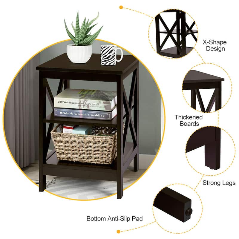 Gymax 3-Tier Nightstand End Table X Design Storage Display Shelf