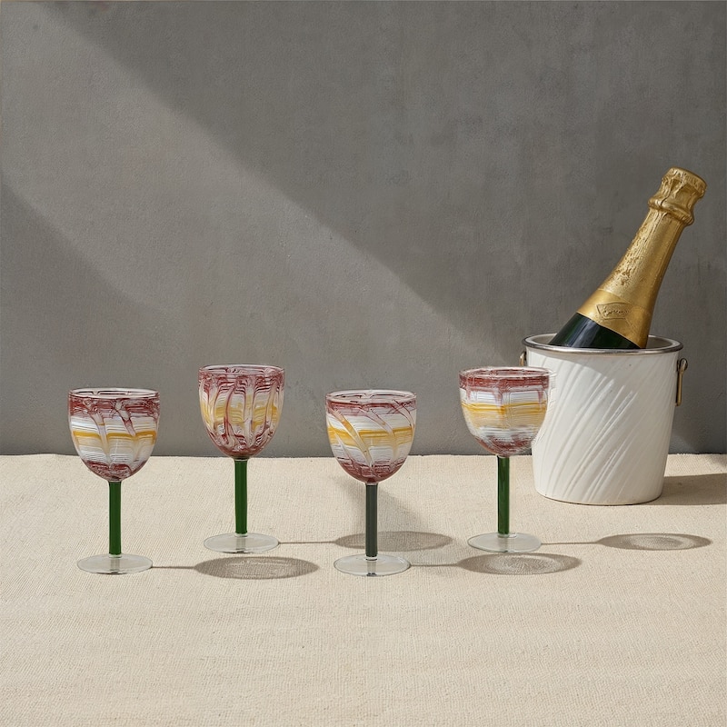 Hand-Blown Art Glass Wine Glasses with Stems, Set of 4 - 3.0"L x 3.0"W x 6.25"H
