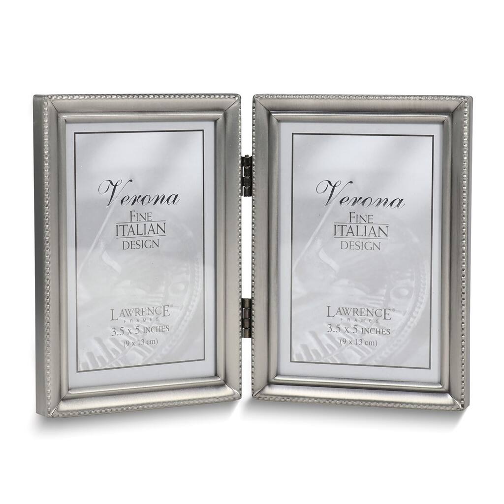 Curata Pewter Portrait Hinged Brushed and Beaded 3x5 Double Photo Frame