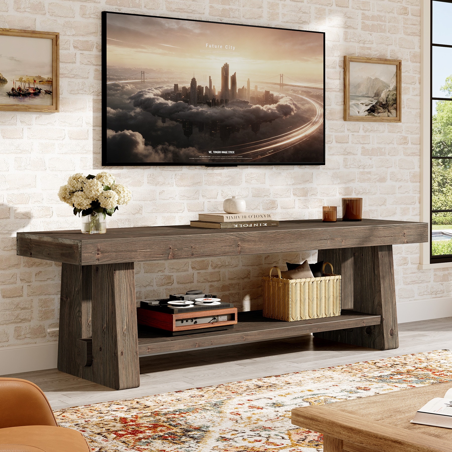 63-Inch Farmhouse TV Stand, 2-Tier Solid Wood Entertainment Center