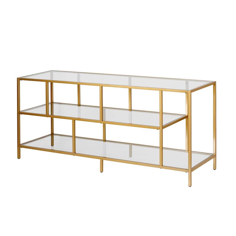 Winthrop Rectangular TV Stand with Metal Shelves for TV's up to 60" - 55" Brass with Glass Shelves