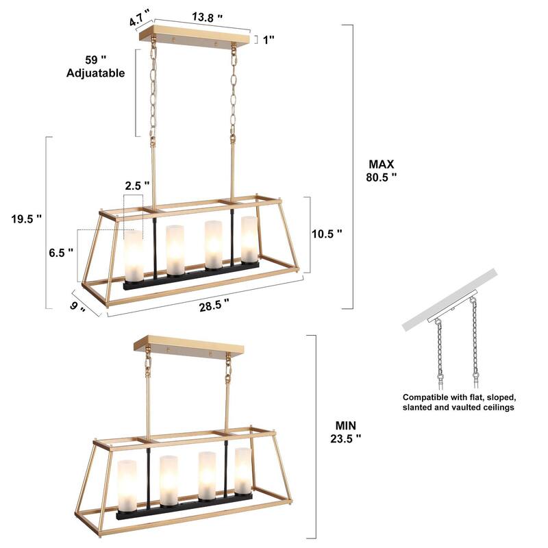 Modern Glam 4-Light Gold Linear Chandeliers Kitchen Island Lights for Dining Room - 28.5"L x 9"W x 19.5"H