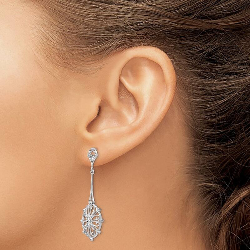 Curata 14k White Gold Dangle Sparkle Cut Filigree Earrings - 42x13mm