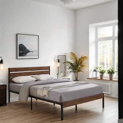 Wood Platform Bed Frame with Headboard and Metal Frame
