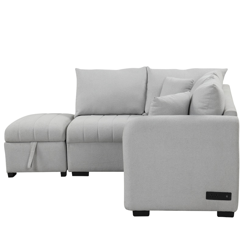 Grey 82.6" L-Shaped 5-Seater Sleeper Sofa with Pull-Out Bed, Storage Ottoman, USB Ports, and Power Outlets