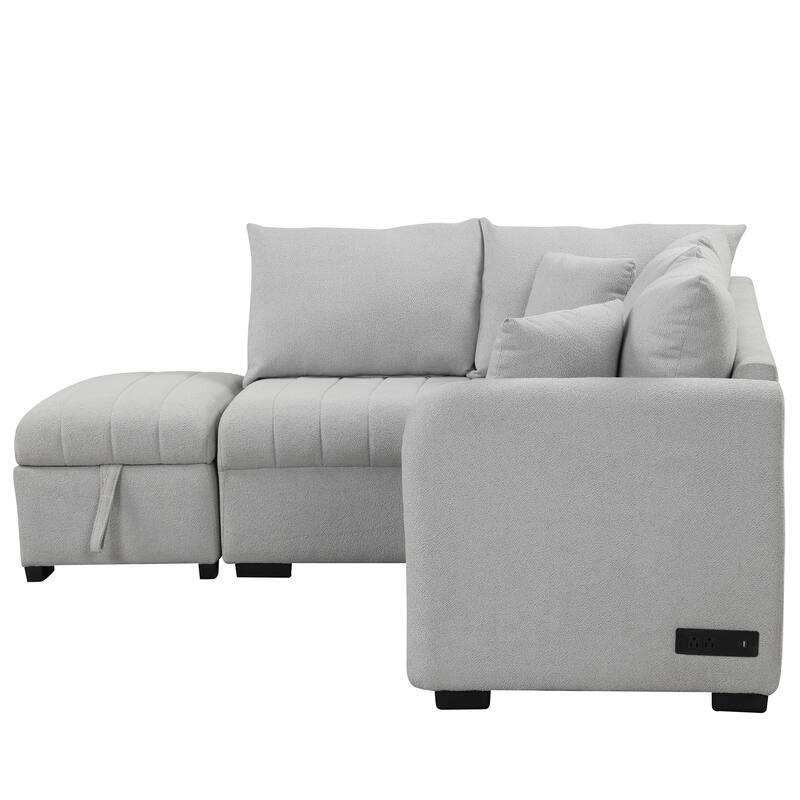L-Shaped Sectional Sofa with Pull Out Sofa Bed & Storage Ottoman, Convertible Sleeper Sofa with USB Ports & Power Sockets