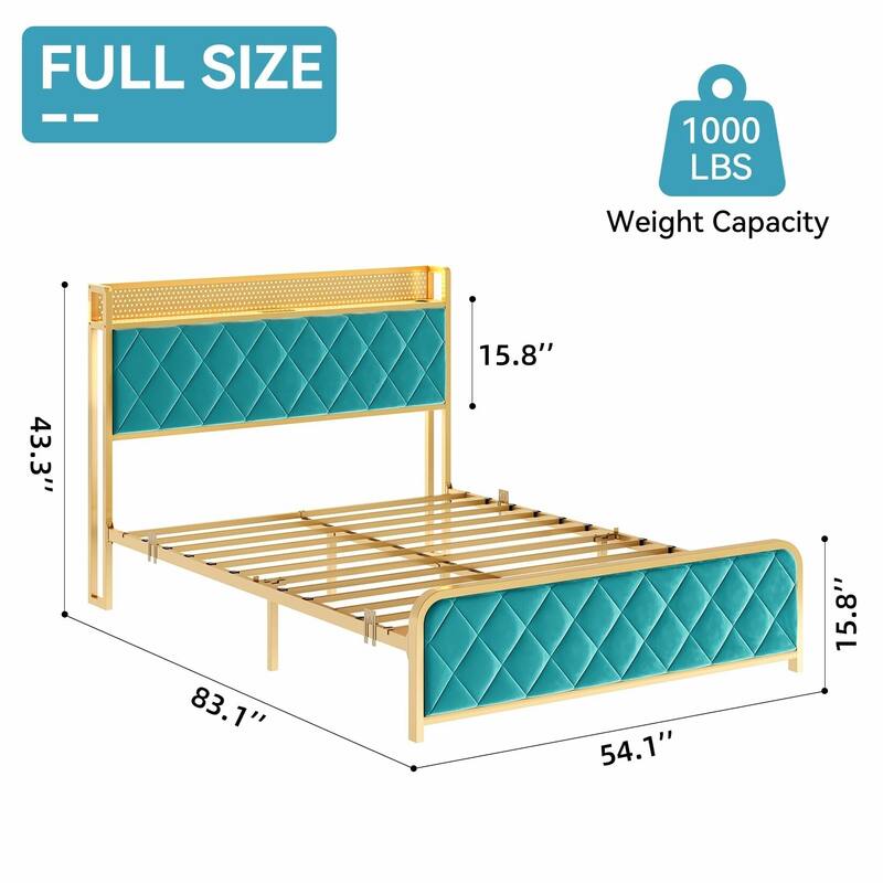 Velvet Upholstered Bed Frame with LED Light and Charging Station