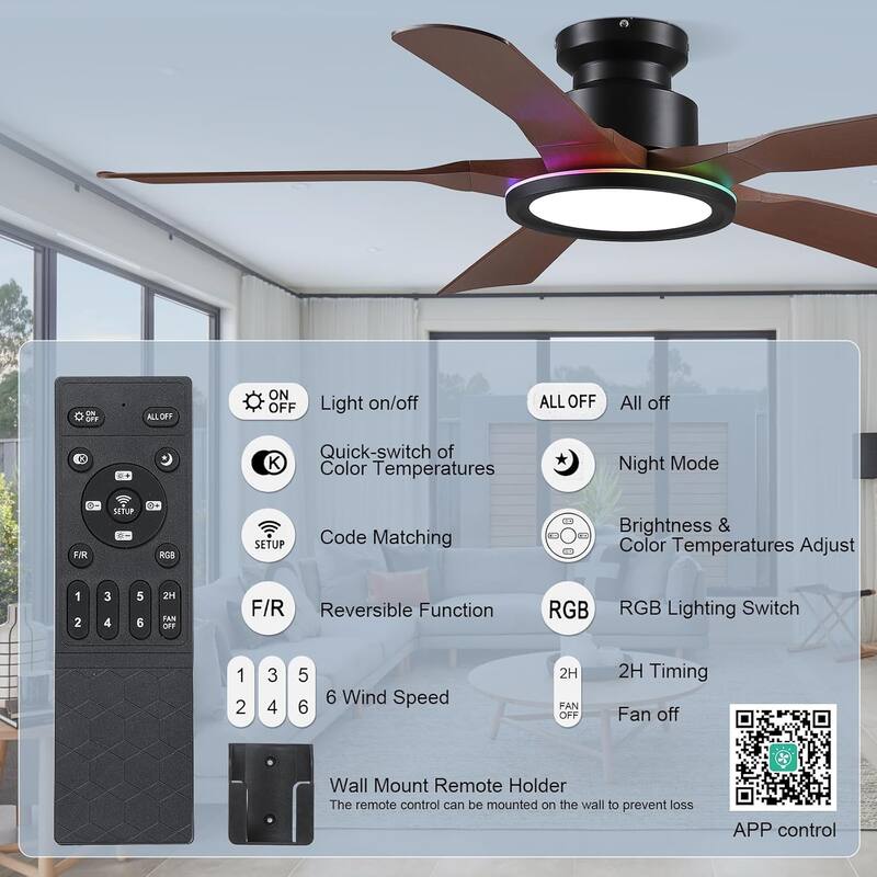 52 Inches RGB Flush Mount Ceiling Fan with Light,Reversible DC Motor - 52 Inches