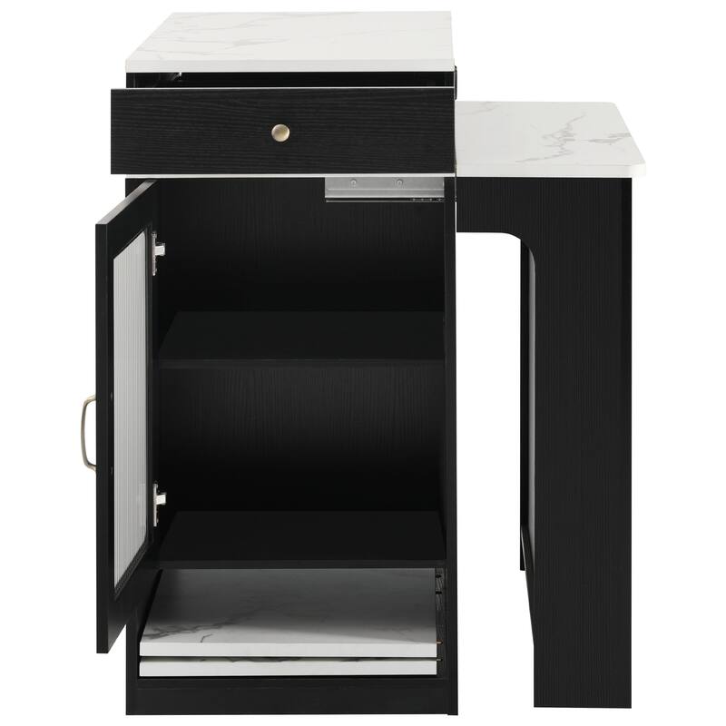 Kitchen Island with Extendable Dining Table, Kitchen Storage Table with 2 Drawers, Power Outlet, Open Shelves, for Diningroom
