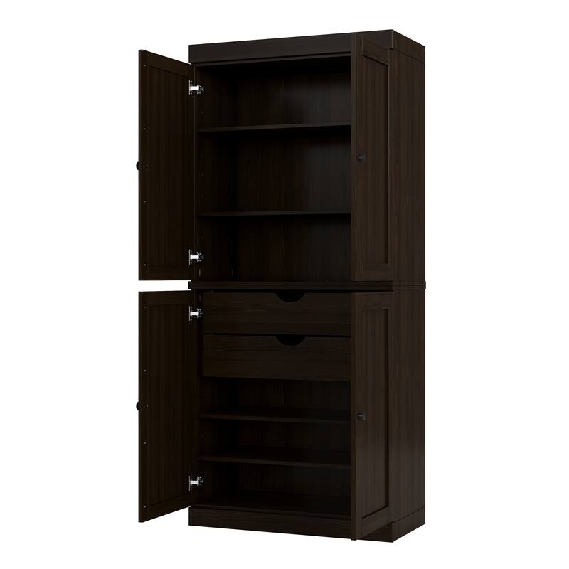 Solid Wood Tall Freestanding Kitchen Pantry Cabinet with Doors & 2 Drawers, Adjustable Shelves, Modular Storage, 32" W x 71.5" H - Espresso