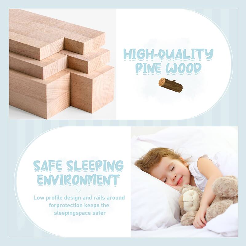 Full Size Pine Wood Floor Bed with Safety Guardrails and Door for Kids, Boys, Girls, Bedroom