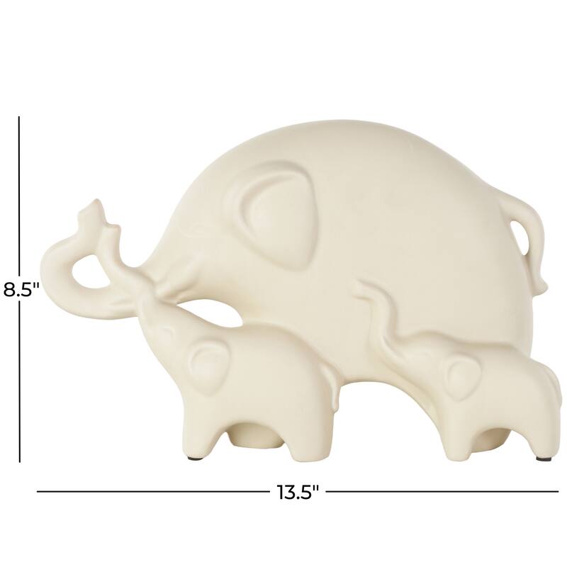 Cream Ceramic Family Elephant Decorative Sculpture with Raised Trunks