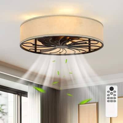 20-Inch Indoor Black Low Profile Cage Ceiling Fan with Linen Light Shade - 20 Inches