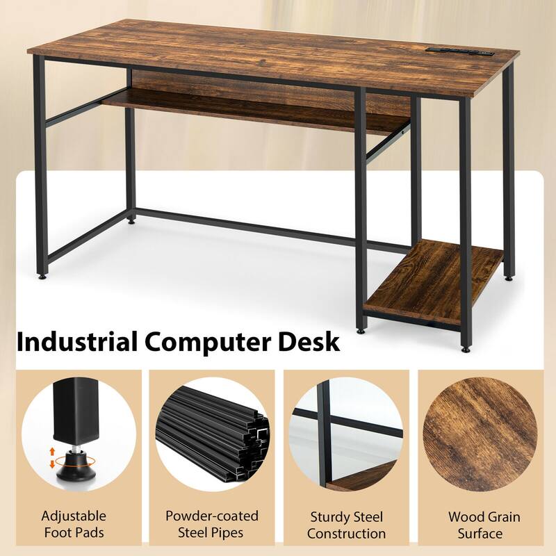 55'' Computer Desk Home Office PC Workstation w/ Power Outlets