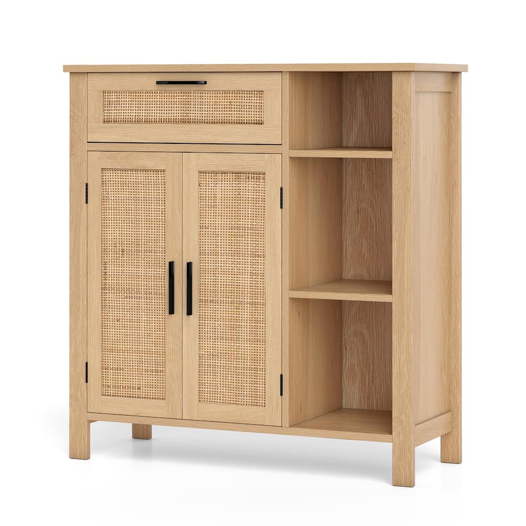 Natural Rattan Buffet Sideboard with Drawer and Cabinet Modern Storage Console Table for Living Room or Dining Room