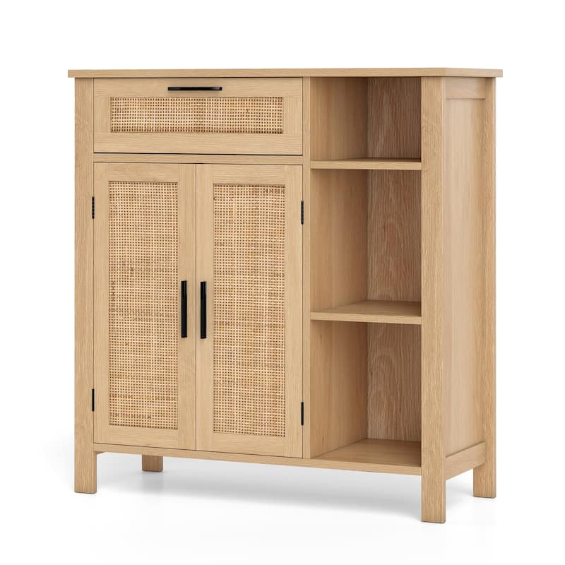 Natural Rattan Buffet Sideboard with Drawer and Cabinet Modern Storage Console Table for Living Room or Dining Room