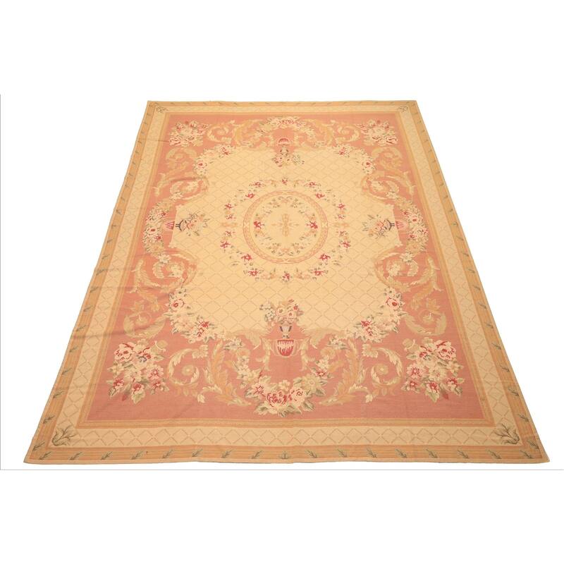 8'3''x10'9'' Hand Woven Flatweave Wool Light Gold French Aubusson Needlepoint Rug - 8' 3'' x 10' 9''