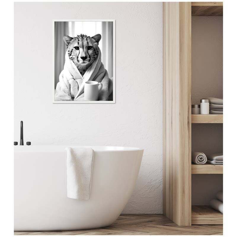 Kate and Laurel Sylvie Cheetah Bathroom Art Towel Robe Black and White Framed Canvas by The Creative Bunch Studio