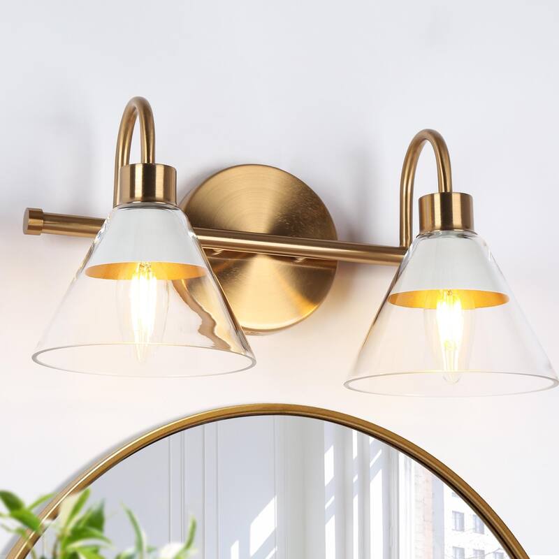 Seticy Mid-century Modern Gold 2-Light Linear Glass White Bathroom Vanity Lights Dimmable - L 13.5"* W 7"* H 7"