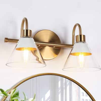 Seticy Mid-century Modern Gold 2-Light Linear Glass White Bathroom Vanity Lights Dimmable - L 13.5"* W 7"* H 7"