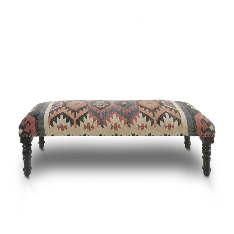 Black Wood Jute Wool Upholstered Southwest Distressed Bench Nailhead Trim - 16" D x 47" W x 18" H - Black-Brown
