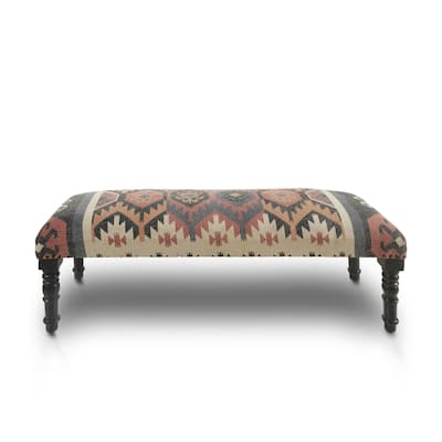 Black Wood Jute Wool Upholstered Southwest Distressed Bench Nailhead Trim - 16" D x 47" W x 18" H