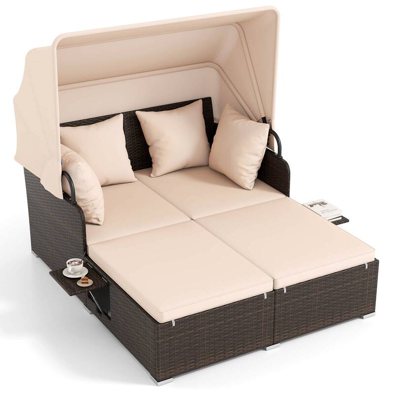 Costway Patio Rattan Daybed Lounge Retractable Top Canopy Side Tables - See Details