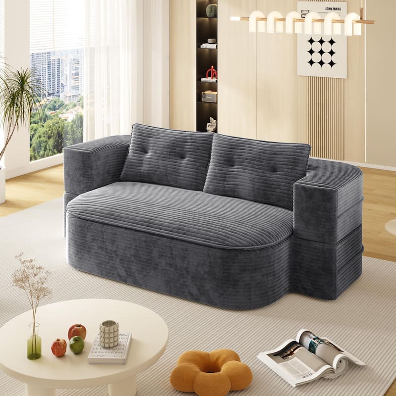 78.7" Modern Convertible Corduroy Sofa Bed with 2 Pillows, Floor Deep Seat Sleeper Couch, Foldable 2-in-1 Sofa for Living Room