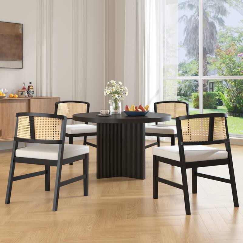 Rattan Dining Chairs Set of 2, Fabric Upholstered Kitchen Side Chair, Curved Rattan Back