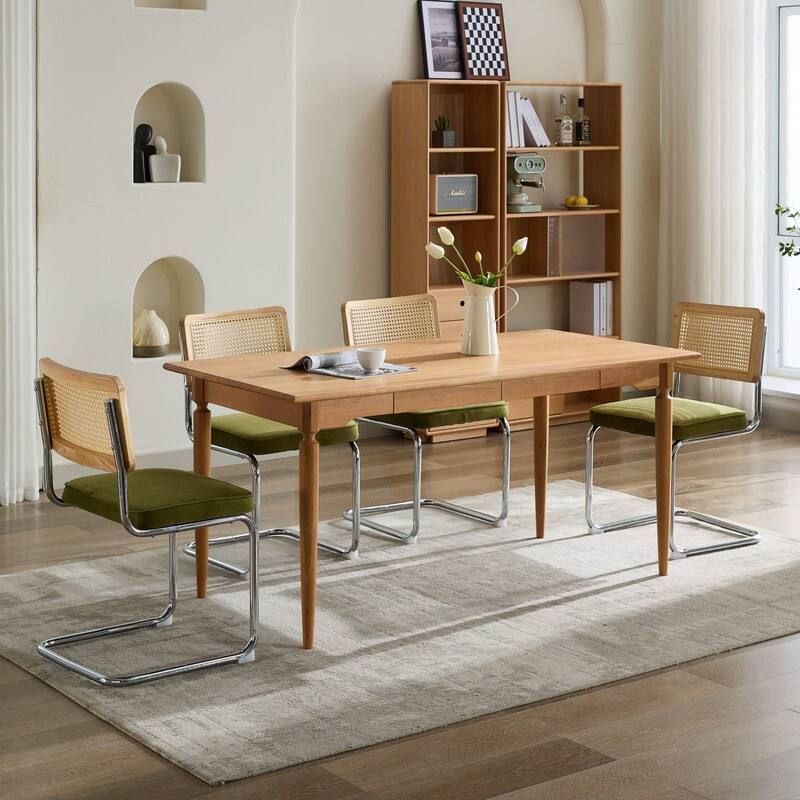 Mid Century Modern Dining Chairs Set of 2, Natural Cane Back & Stainless Chrome Base, Upholstered Rattan Kitchen Chairs