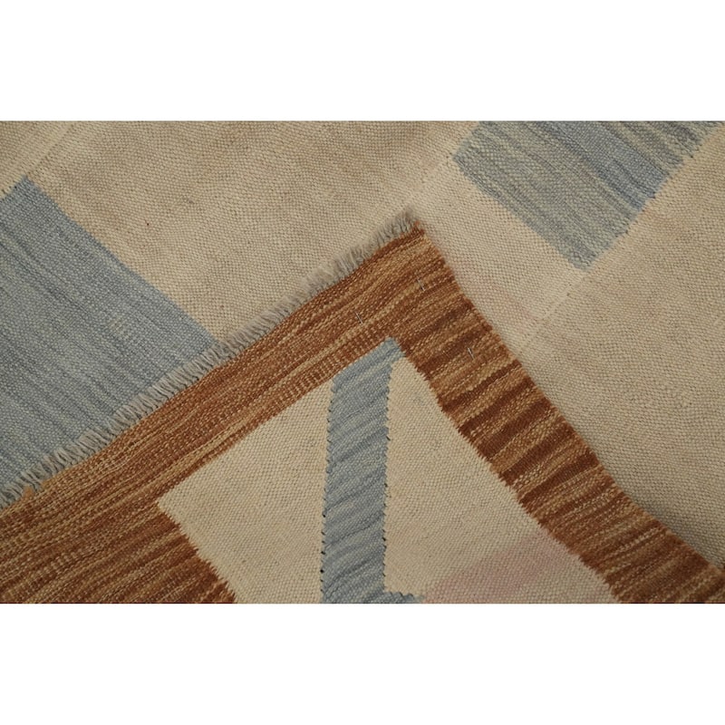 Hand Woven Oriental 100% Wool Carpet Southwestern Tribal Beige & Ivories Kilim Area Rug - 9' 7'' X 6' 7''